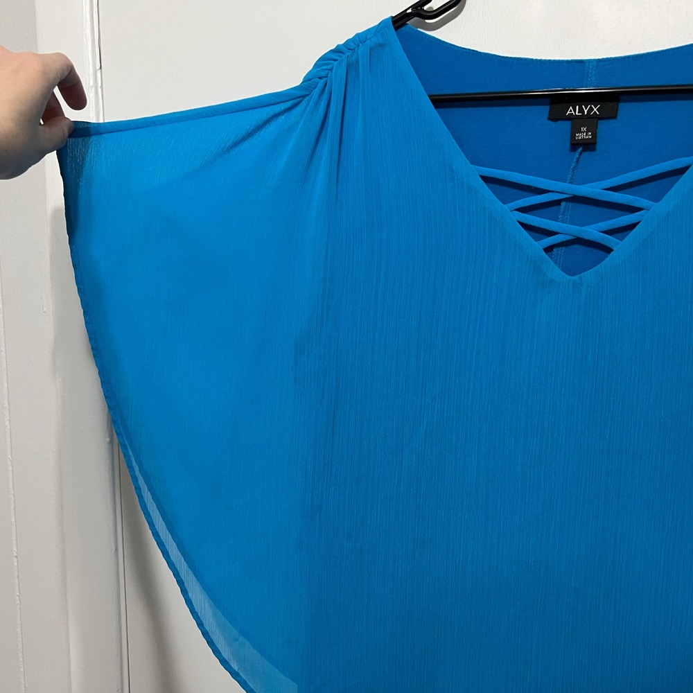 Alyx Womens 1X Blue Lattice V-Neck Poncho Overlay Tank Top Blouse Plus Size - Picture 3 of 7